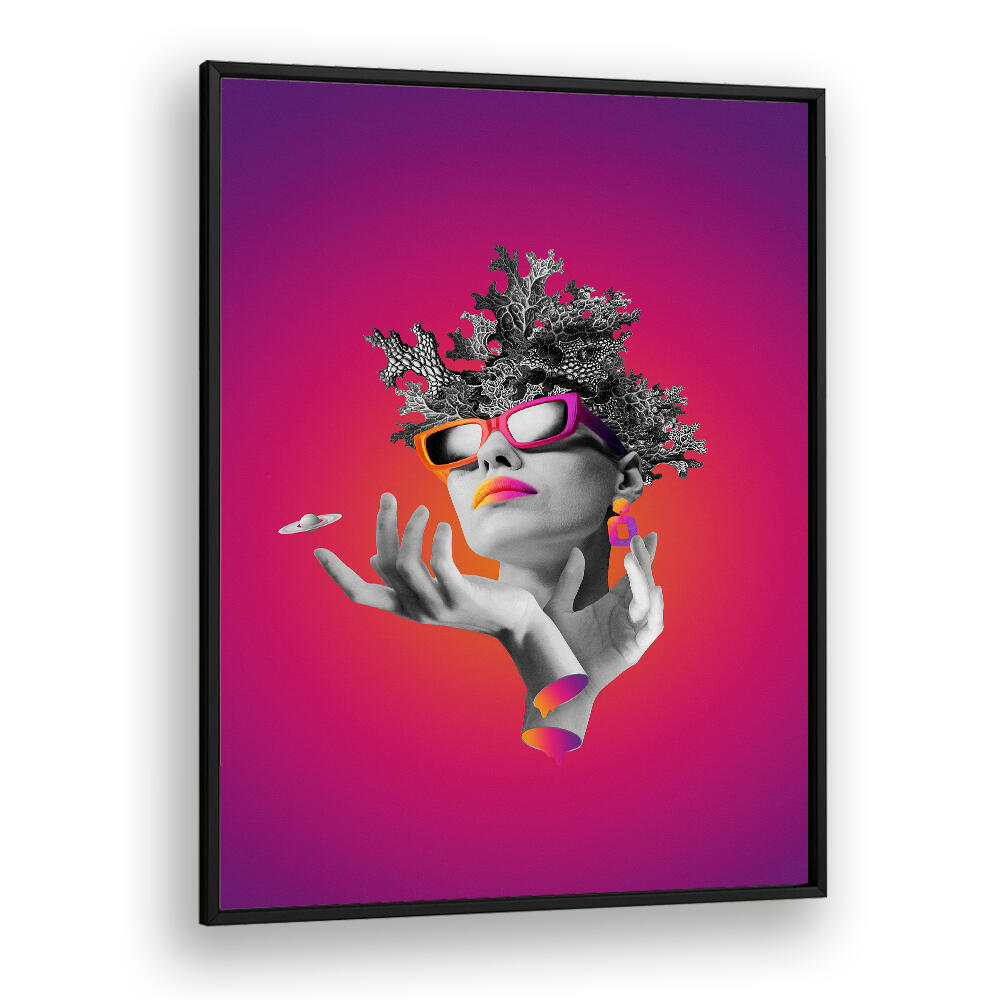Surreal art print featuring a stylish lady on pink, showcasing unique design in LADY ON PINK, SURREAL ART PRINTS.