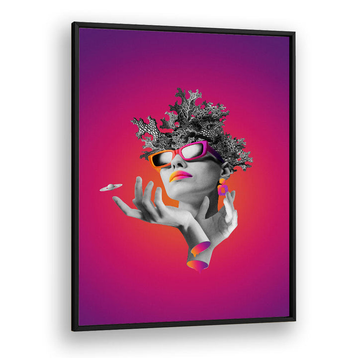 Surreal art print featuring a stylish lady on pink, showcasing unique design in LADY ON PINK, SURREAL ART PRINTS.