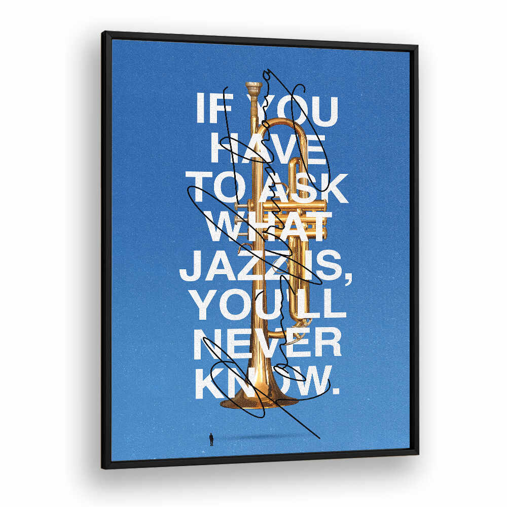 Stylish LOUIS, MUSIC POSTERS featuring a trumpet and a quote about jazz, perfect for music lovers' decor.