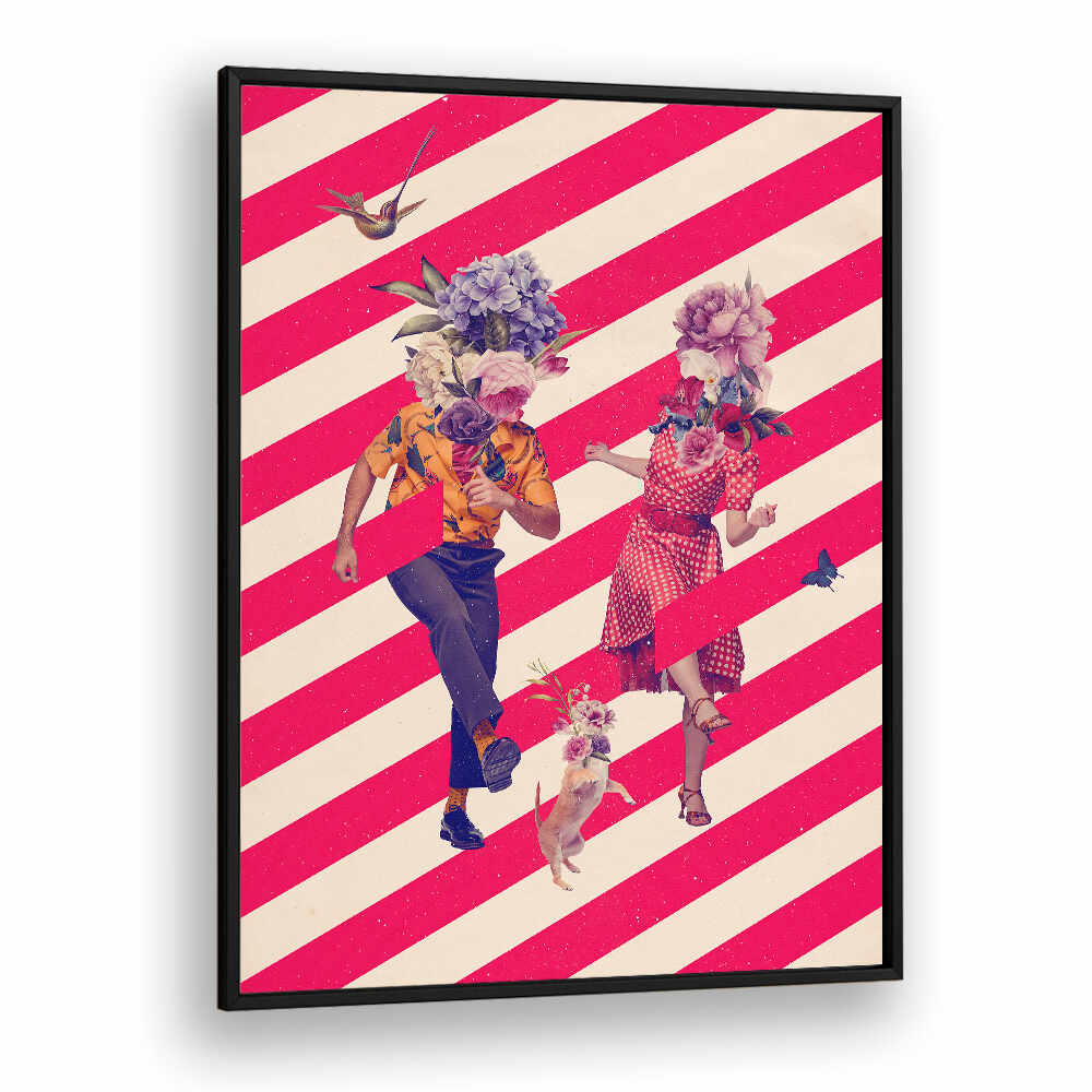 Colorful couple dancing with floral heads on a striped background, featured in PARTY TIME, SURREAL ART PRINTS.