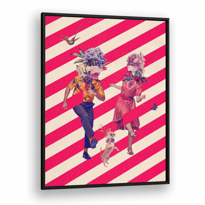 Colorful couple dancing with floral heads on a striped background, featured in PARTY TIME, SURREAL ART PRINTS.