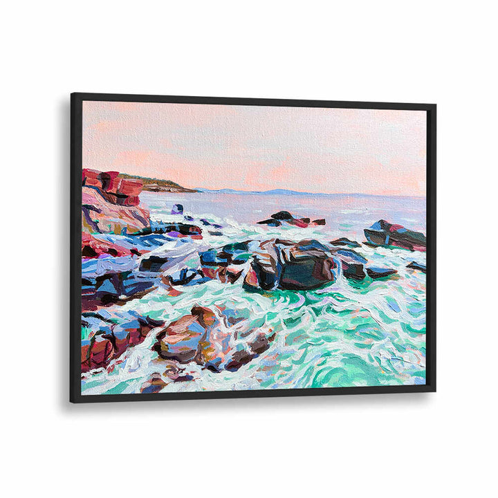 THUNDER HOLE , BEACH PAINTINGS gallery canvas showing rocky coastline, crashing teal waves and soft pastel sky