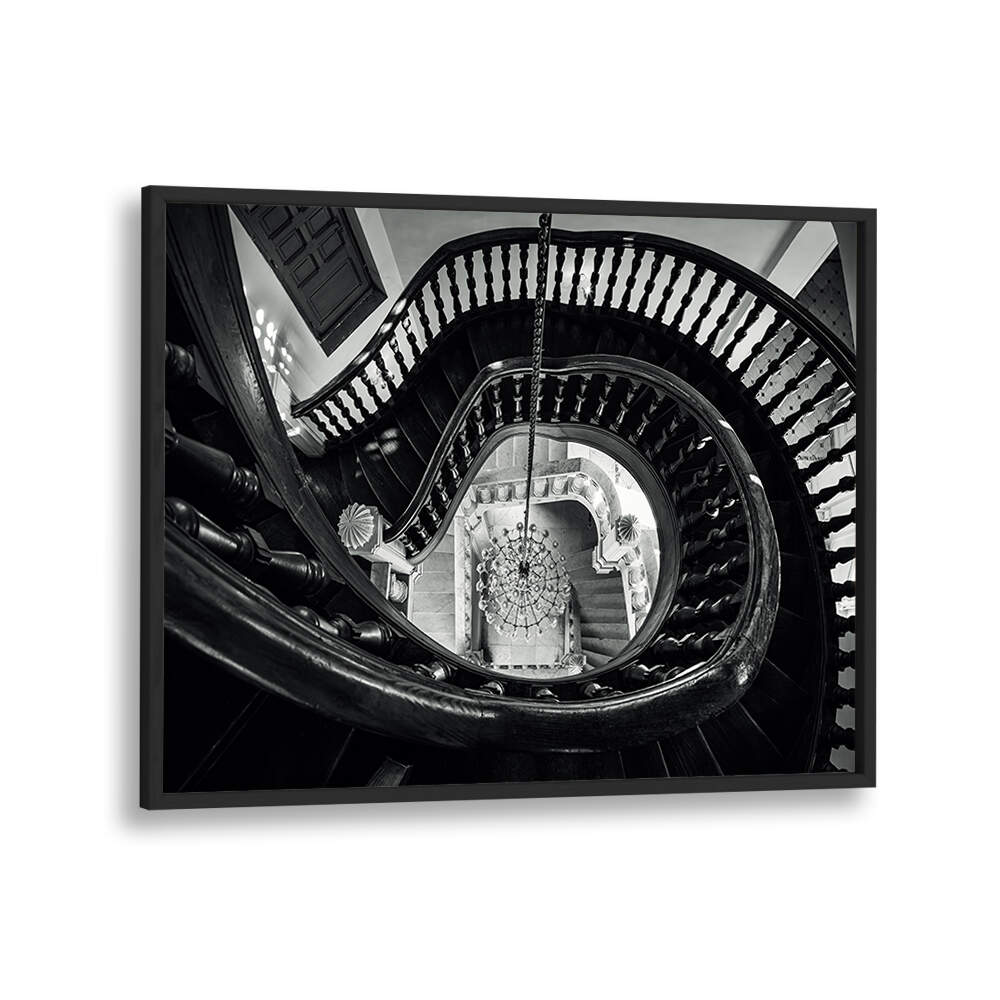 CHANDELIER AND STAIRS B&W , PHOTOGRAPHY PRINTS