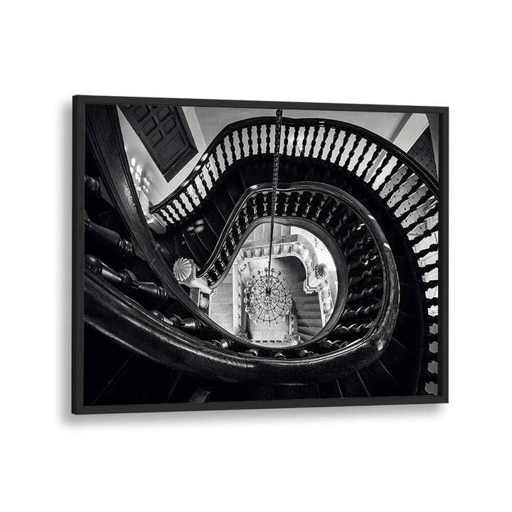 CHANDELIER AND STAIRS B&W , PHOTOGRAPHY PRINTS