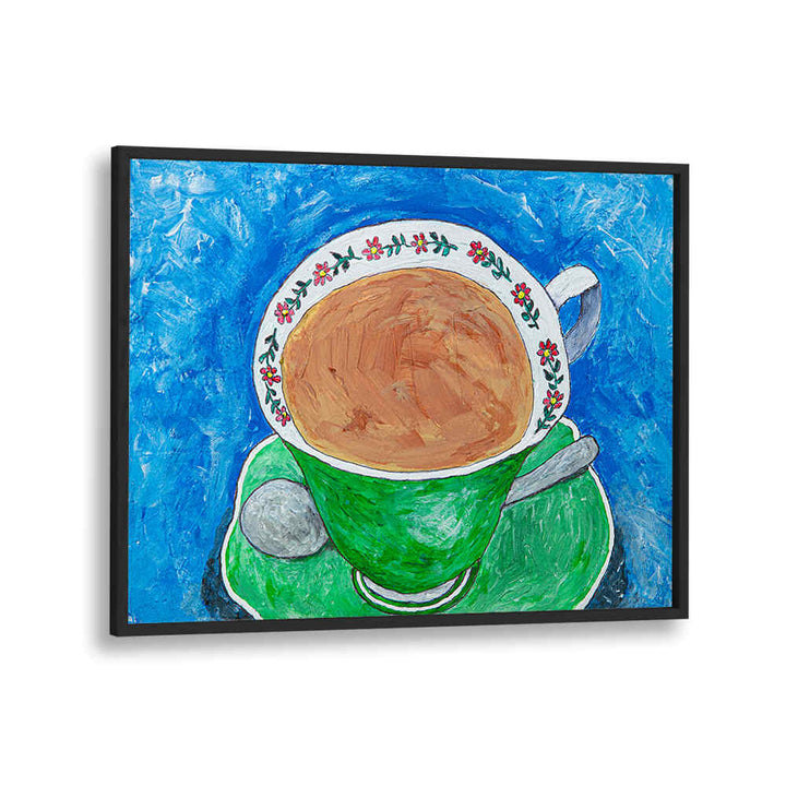 Bright green teacup art against a blue background, ideal for MPUME'S TEACUP, KITCHEN POSTERS to enhance your kitchen.