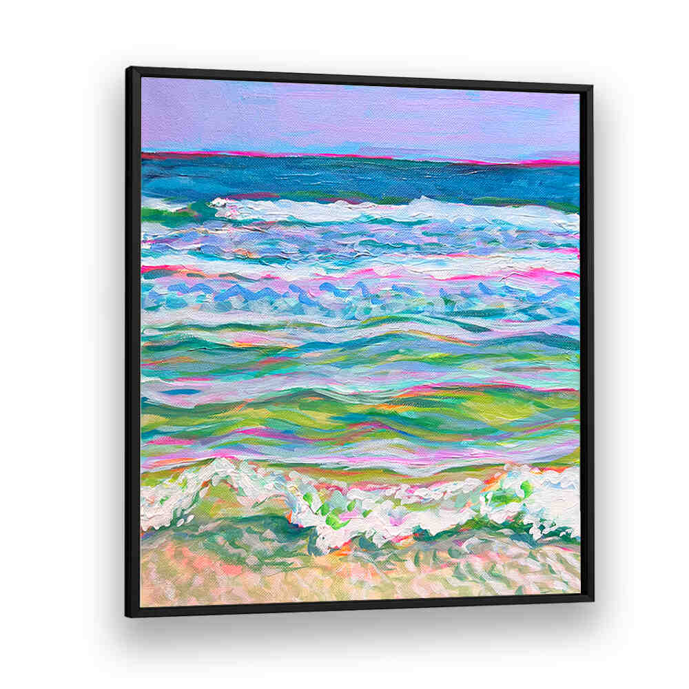 PINK SEAS , BEACH PAINTINGS by BlackPlain: pastel pink, coral and turquoise coastal canvas with gentle sunrise waves