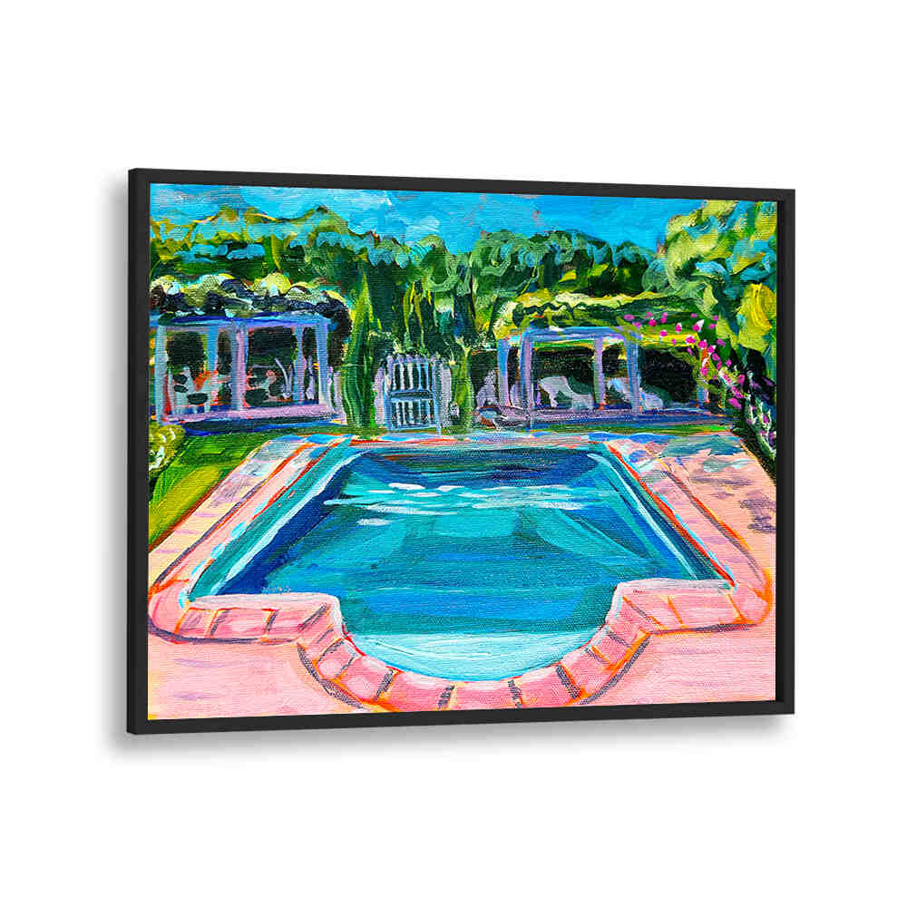 Sunlit pool and classical château reflections in POOL AT THE CHÂTEAU , LANDSCAPE PAINTINGS evoking a peaceful retreat.