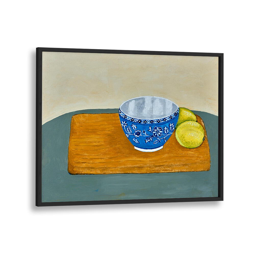 Enhance your kitchen with vibrant LEMONS, KITCHEN POSTERS featuring a blue bowl and fresh lemons on a wooden board.