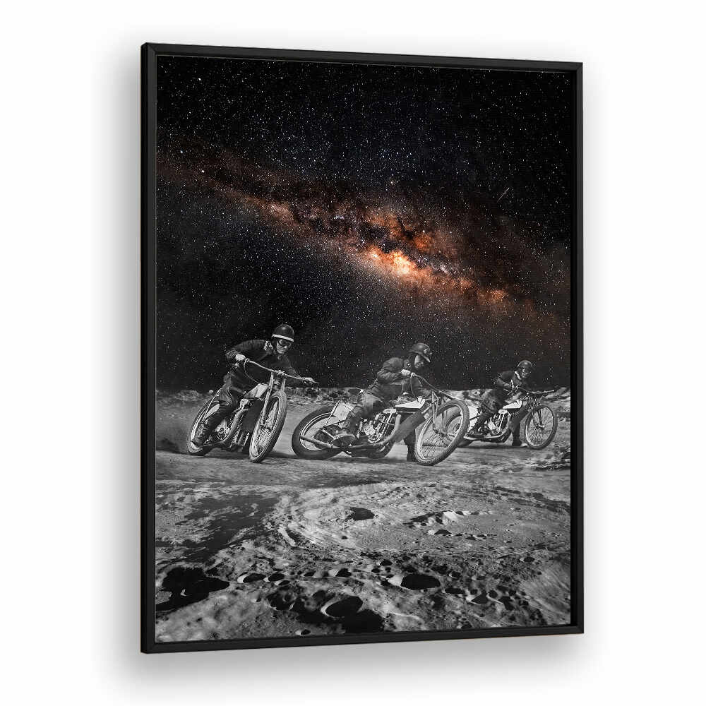 Riders in surreal art prints racing through a lunar landscape, showcasing dynamic movement and cosmic beauty.