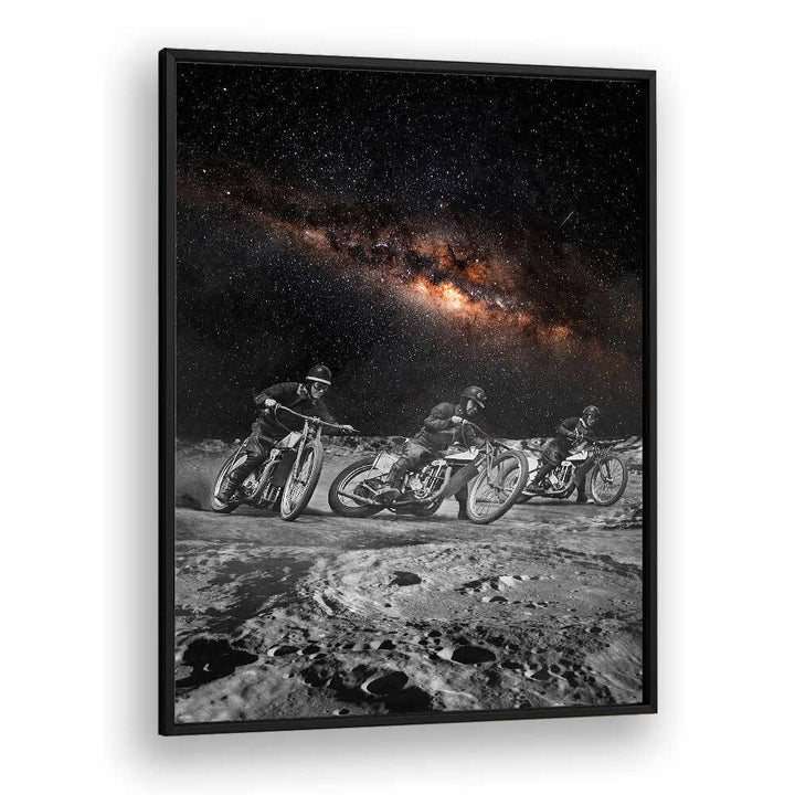 Riders in surreal art prints racing through a lunar landscape, showcasing dynamic movement and cosmic beauty.