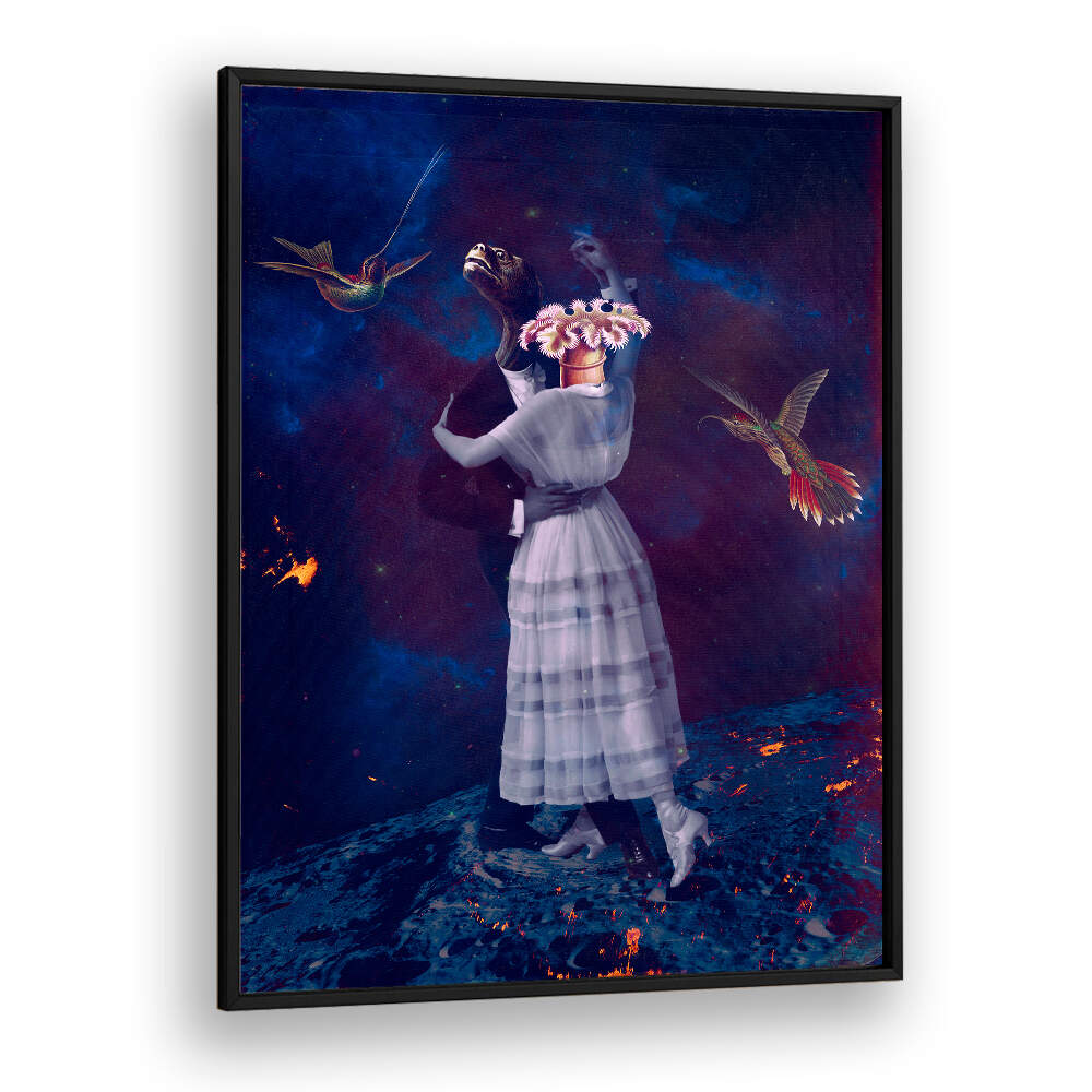 Captivating SLOW MOTION, SURREAL ART PRINTS featuring a dreamlike dance among vibrant birds and cosmic colors.