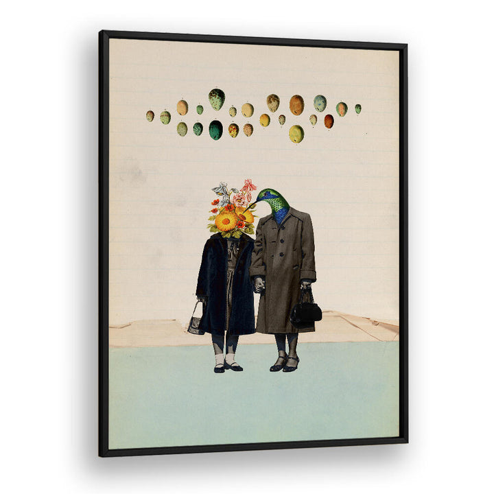 Surreal art print titled "SOULMATE", featuring whimsical figures with floral and bird elements, perfect for unique decor.
