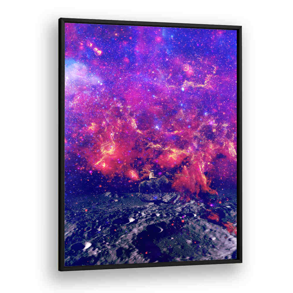 Vibrant SPACE COWBOY, SURREAL ART PRINTS featuring cosmic colors and a lone rider on the moon. Perfect for your decor!