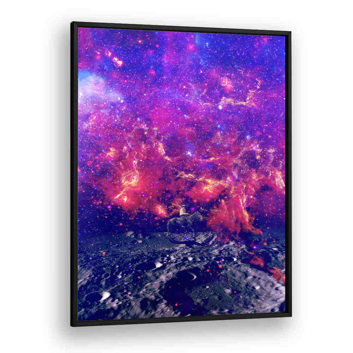 Vibrant SPACE COWBOY, SURREAL ART PRINTS featuring cosmic colors and a lone rider on the moon. Perfect for your decor!
