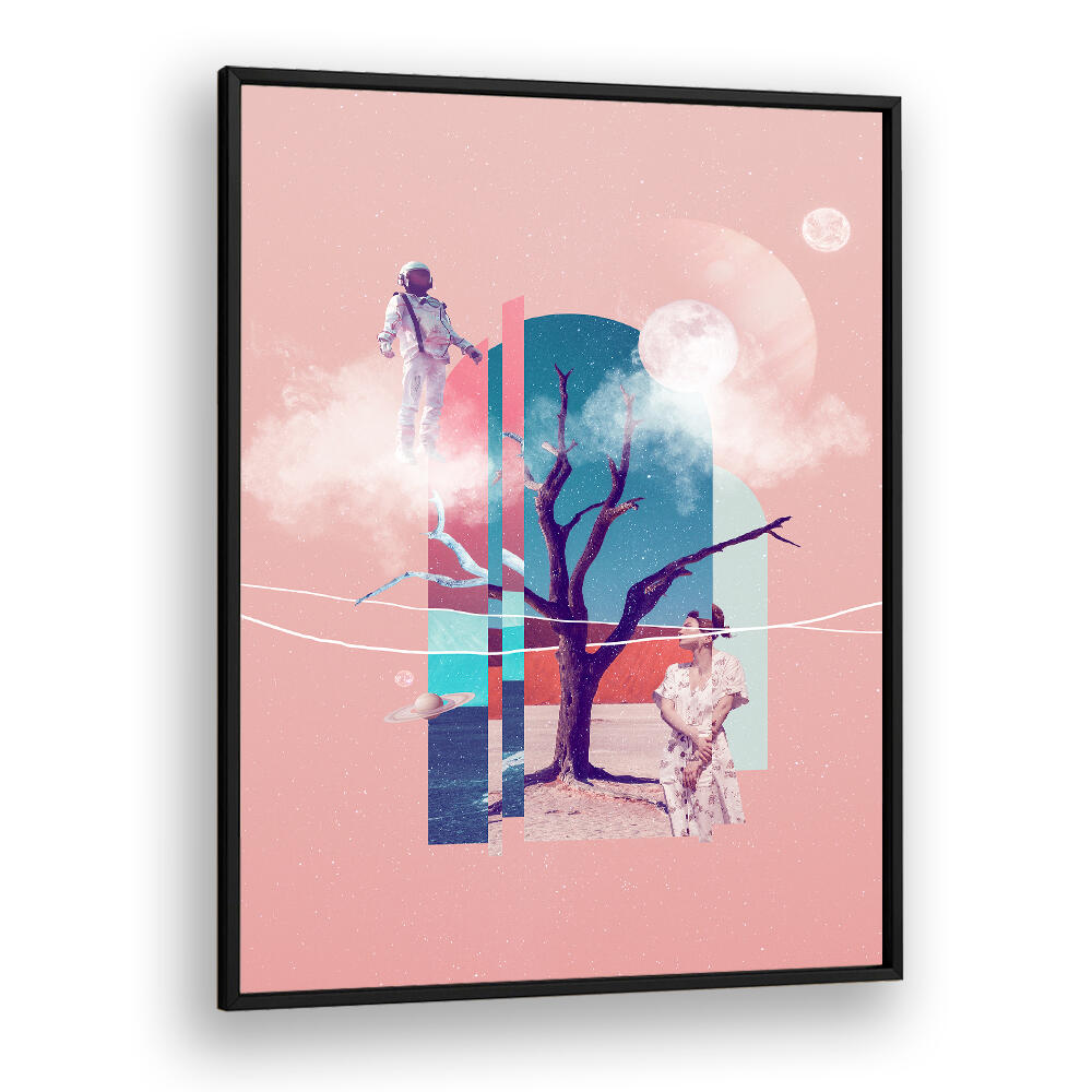 Surreal art print featuring astronauts and a whimsical landscape, perfect for SPACE LOVE, SURREAL ART PRINTS enthusiasts.