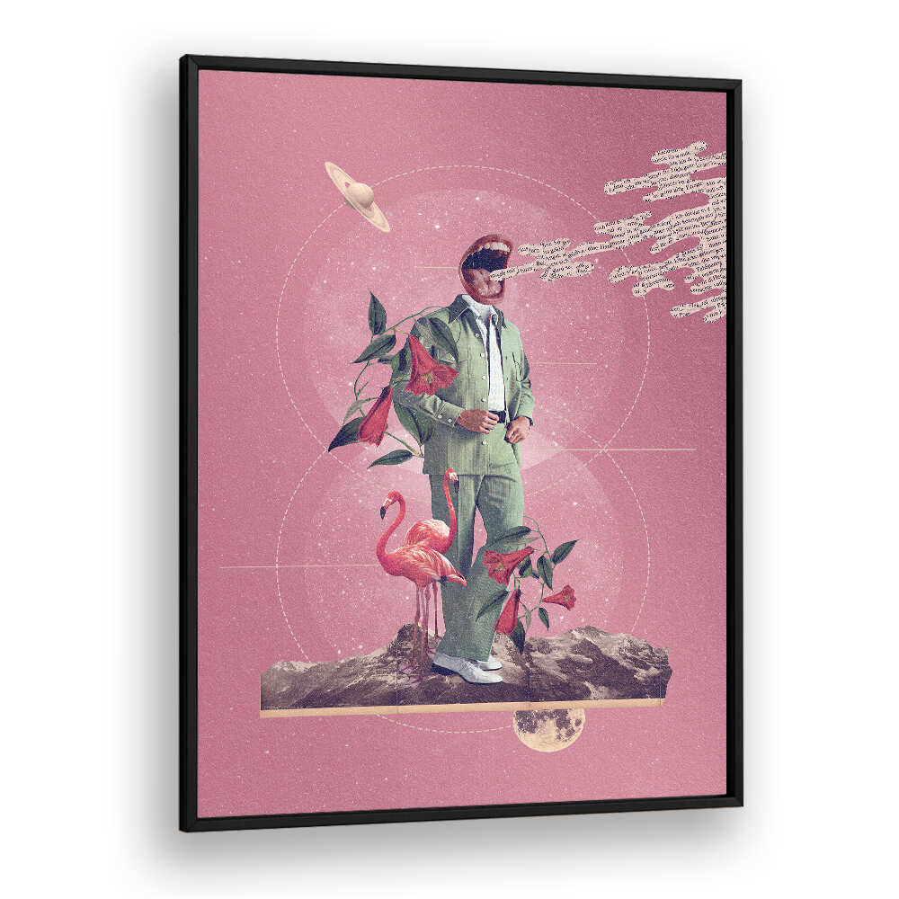 Surreal art print "TALK TO ME" features a stylish figure among vibrant flora and a flamingo against a pink backdrop.