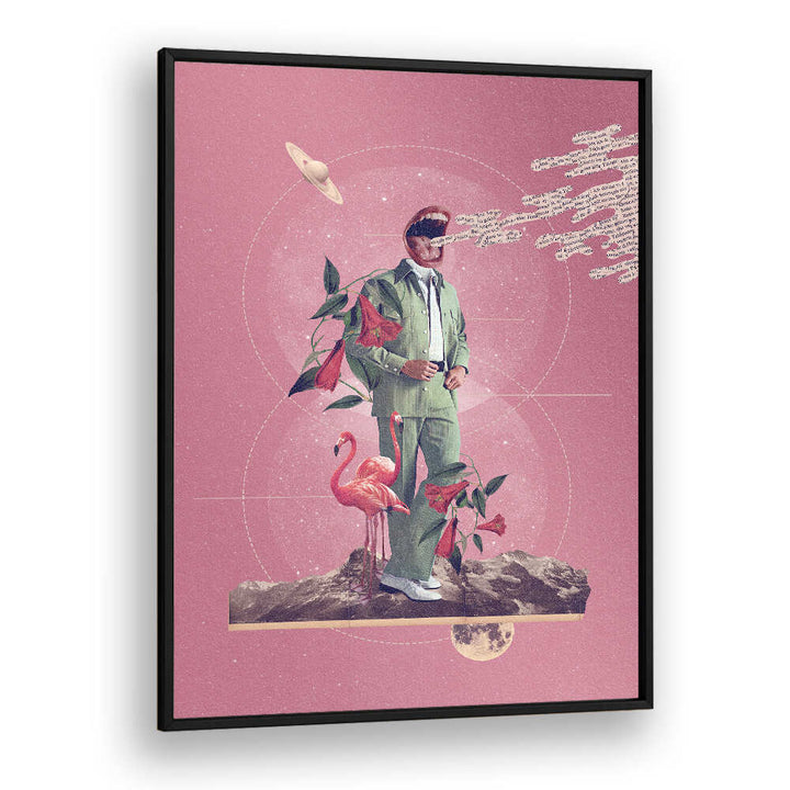 Surreal art print "TALK TO ME" features a stylish figure among vibrant flora and a flamingo against a pink backdrop.