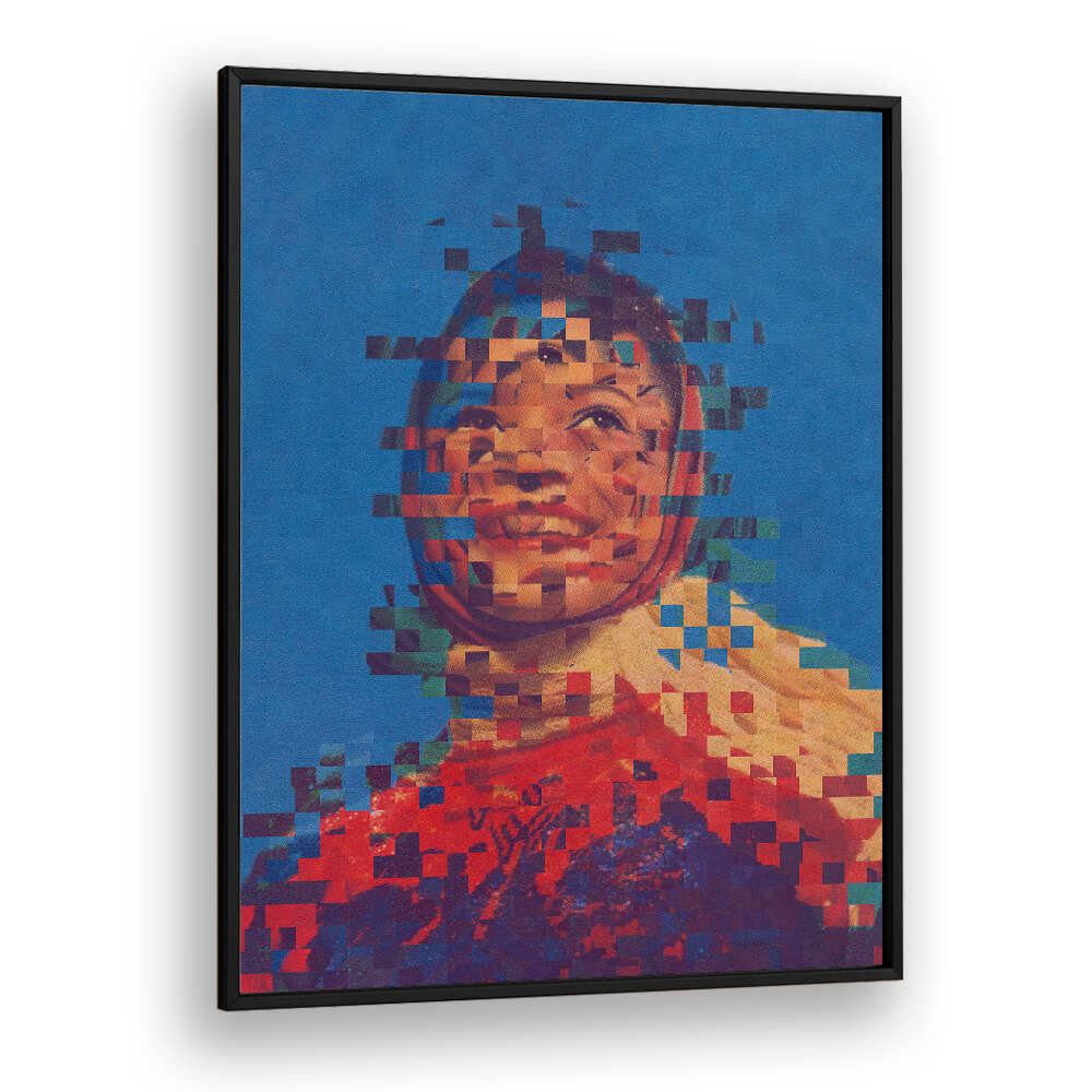 Vibrant, fragmented artwork featuring a smiling figure in THE ONE, SURREAL ART PRINTS from Blackplain.