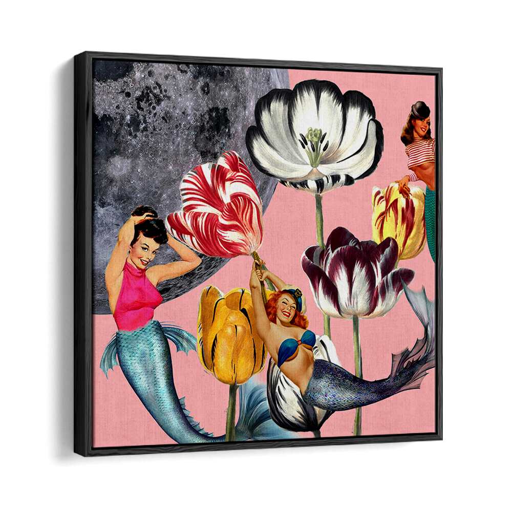 Whimsical MERMAID ON THE MOON, PORTRAITS artwork features colorful mermaids and flowers against a moonlit backdrop.