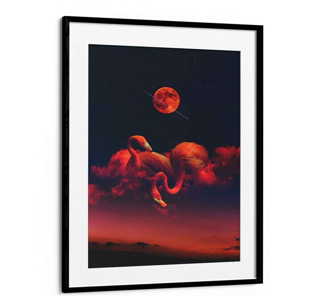Vibrant RED FLAMINGOS, ANIMAL PAINTINGS framed art piece enhancing decor with stunning colors and striking imagery.