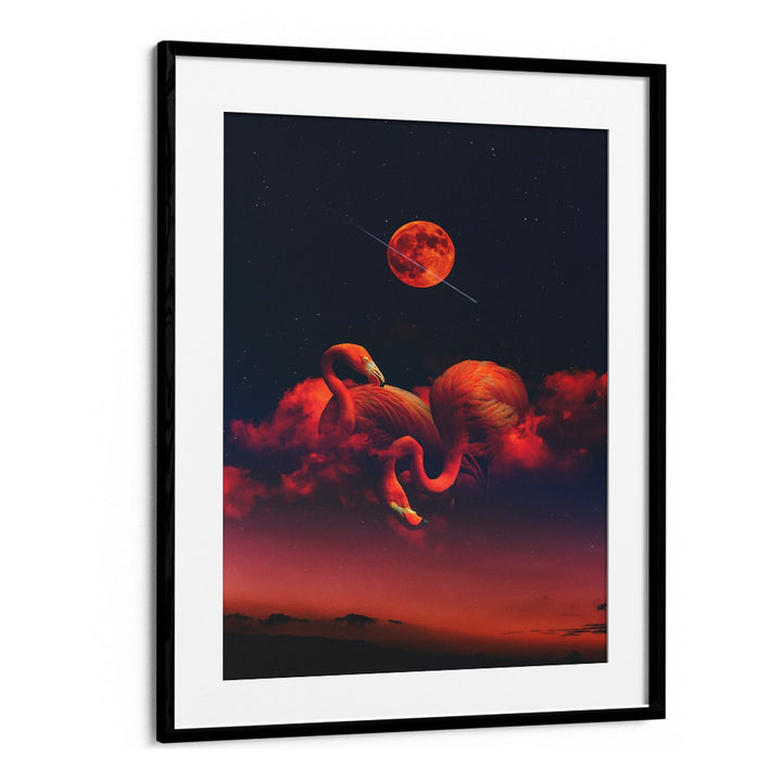 Vibrant RED FLAMINGOS, ANIMAL PAINTINGS framed art piece enhancing decor with stunning colors and striking imagery.