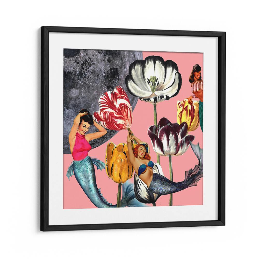 Whimsical MERMAID ON THE MOON, PORTRAITS artwork showcasing ethereal mermaids and vibrant flowers against a moonlit backdrop.