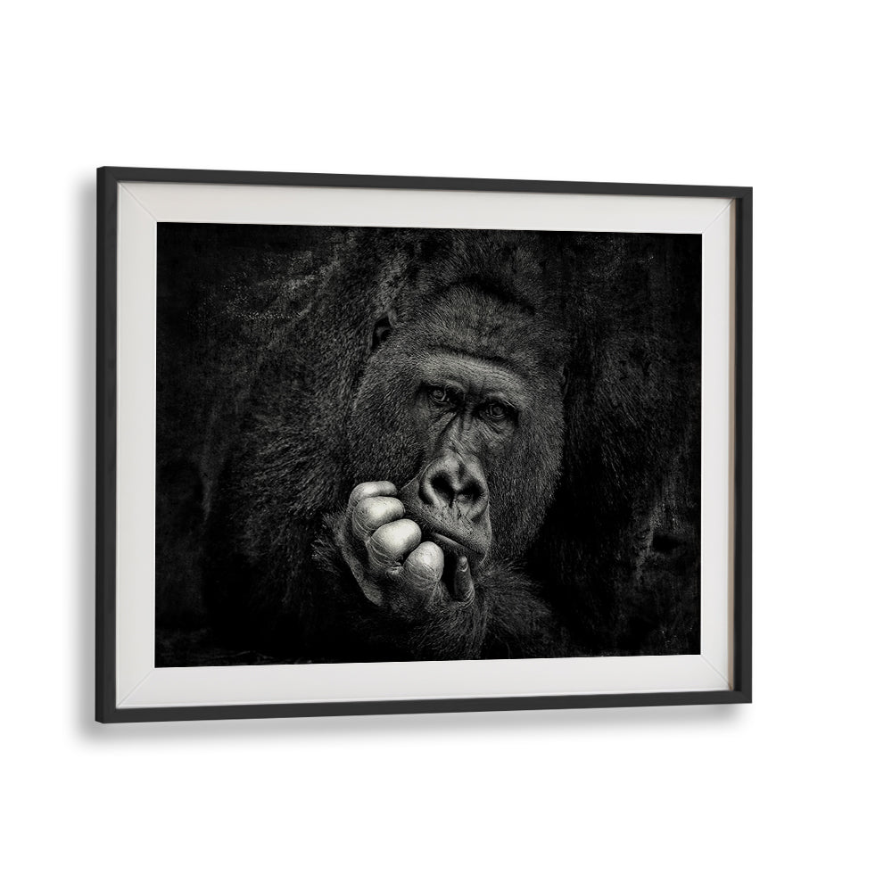 Stunning black-and-white YOU, PHOTOGRAPHY PRINTS showcasing a contemplative gorilla, perfect for wildlife art lovers.
