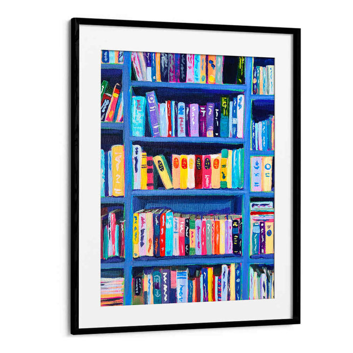 Black Mount BOOKSHELF AT THE CHÂTEAU , FASHION POSTERS framed print of a vibrant bookshelf with couture-inspired fashion posters