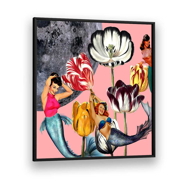Whimsical MERMAID ON THE MOON, PORTRAITS artwork featuring mermaids and flowers against a lunar backdrop.