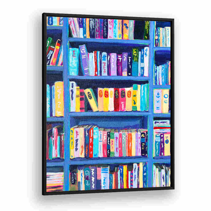 BOOKSHELF AT THE CHÂTEAU , FASHION POSTERS — Imagy framed colorful bookshelf with couture-inspired fashion prints