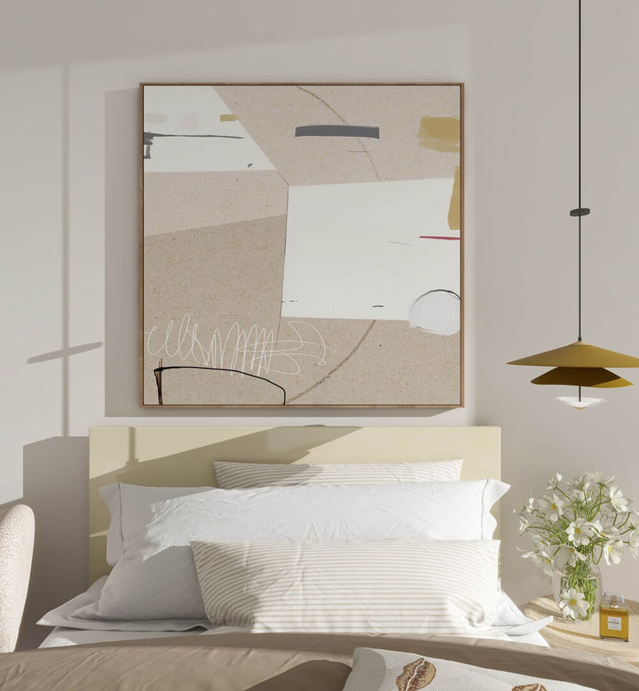 Stylish BLOCK, ABSTRACT PAINTINGS displayed above a bed, adding a modern touch to any bedroom decor.