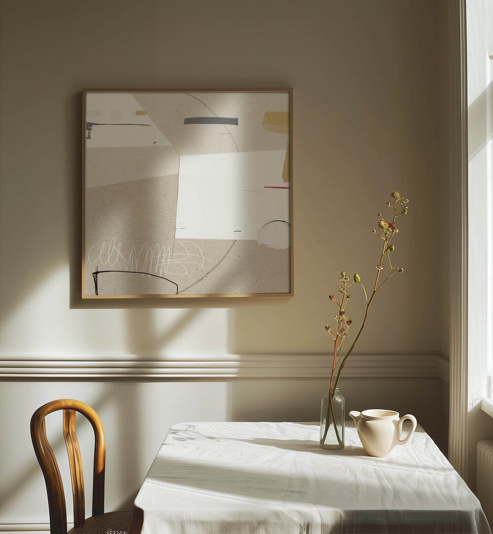 Stylish BLOCK, ABSTRACT PAINTINGS adorn the wall, enhancing the room's modern aesthetic with vibrant colors and shapes.