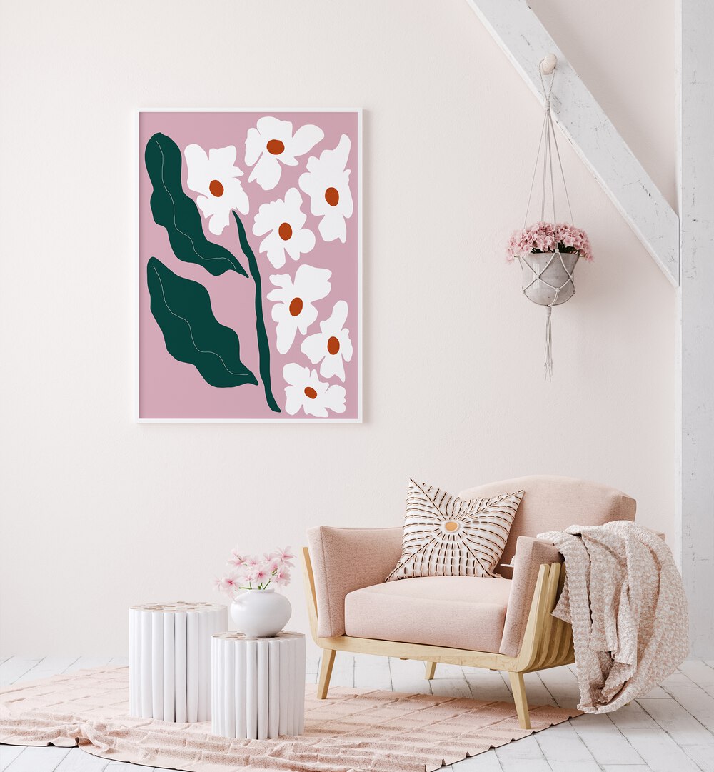 Blooming Flora, Botanical Art Paintings Artwork in White Plain Frame
placed on a Cream Colored Wall
near a Peach Sofa Chair
in the Drawing Room
