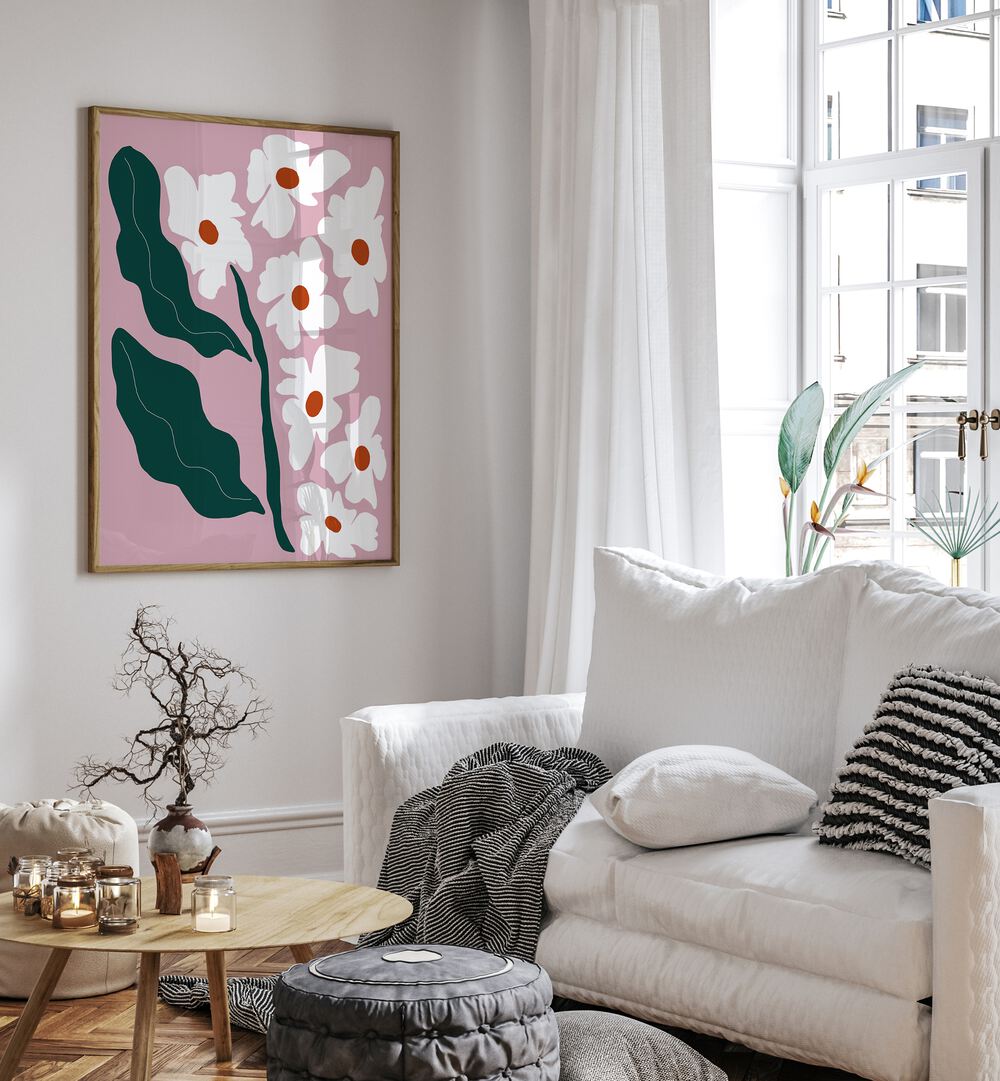 Blooming Flora, Botanical Art Paintings Artwork in Oak Wood Plain Frame
placed on a White Colored Wall
near a White Sofa
in the Living Room
