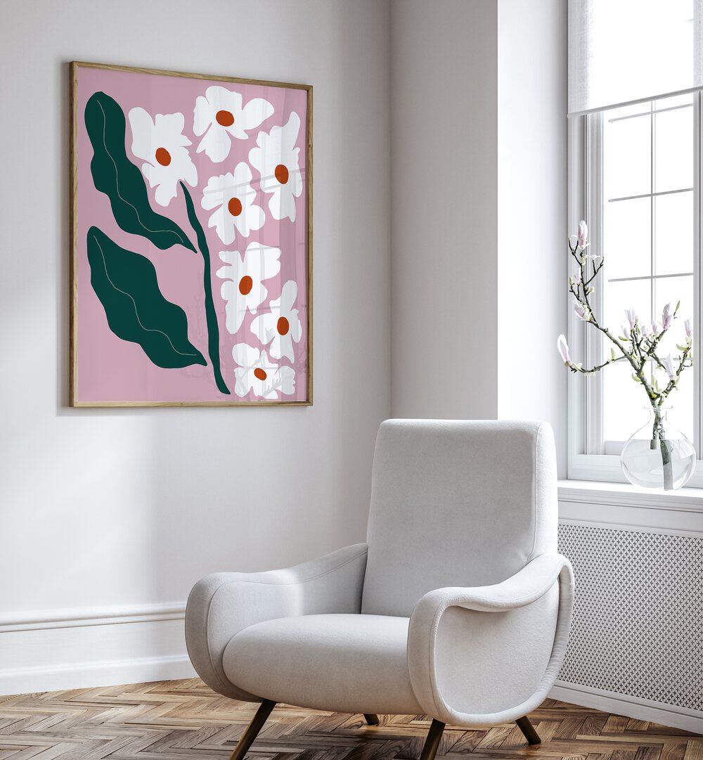 Blooming Flora, Botanical Art Paintings Artwork in Oak Wood Plain Frame
placed on a White Colored Wall
near a White Sofa Chair
in the Drawing Room
