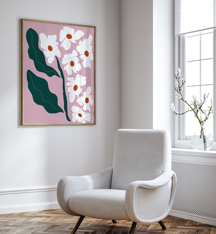 Blooming Flora, Botanical Art Paintings Artwork in Oak Wood Plain Frame
placed on a White Colored Wall
near a White Sofa Chair
in the Drawing Room
