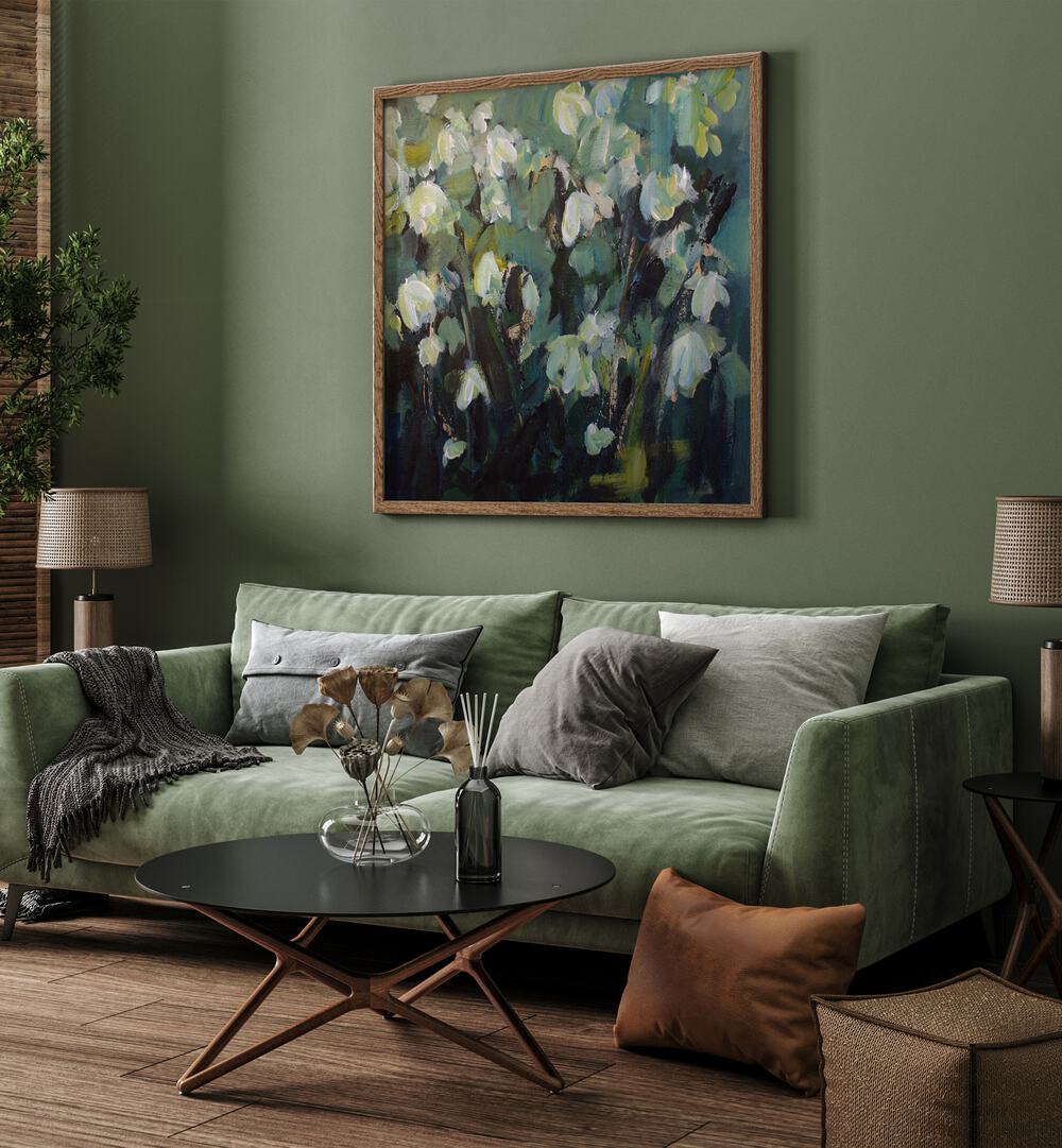 BLOOMING SERENITY, FLORAL FLOWER PAINTINGS displayed elegantly in a modern living room, showcasing nature's beauty.