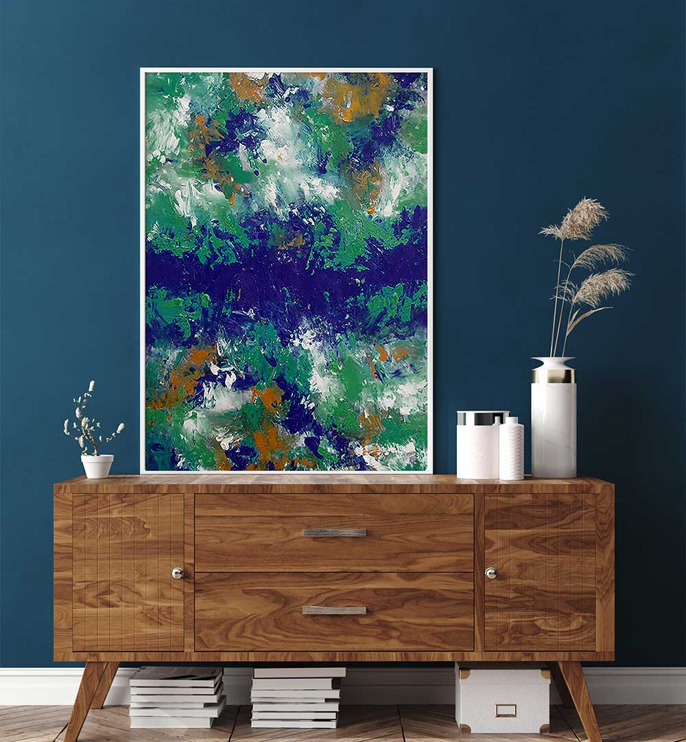 Vibrant BLU BOUQUET, ABSTRACT PAINTINGS on display, enhancing contemporary home decor with artistic flair.