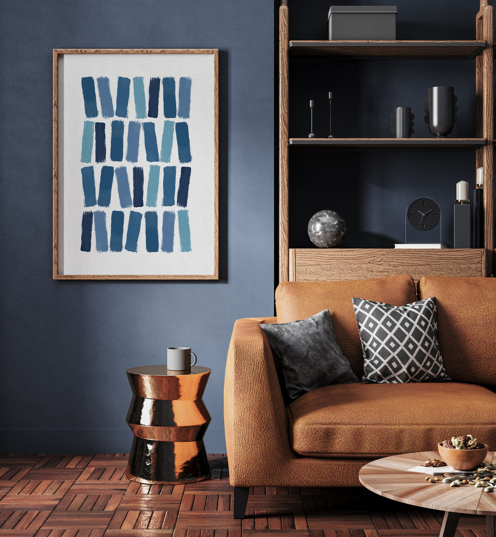 Blue Abstract Strokes I Geometric Art Artwork Placed on a wall In A Living Room 