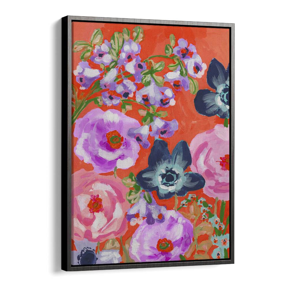 Blue Anemons On Red By Ania Zwara Botanical Flower Paintings Artwork  in Black Floater Frame