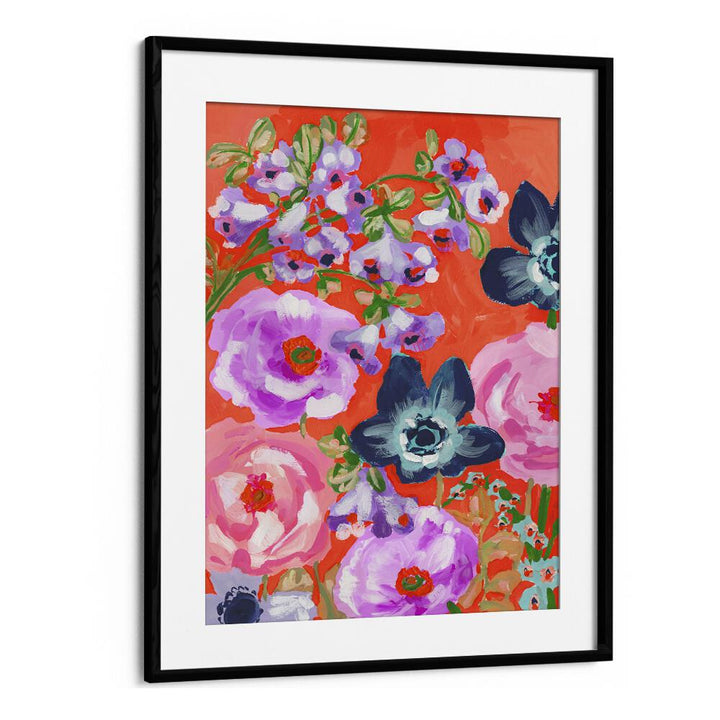 Blue Anemons On Red  By Ania Zwara Botanical Flower Paintings Artwork  in Black Frame With Mount