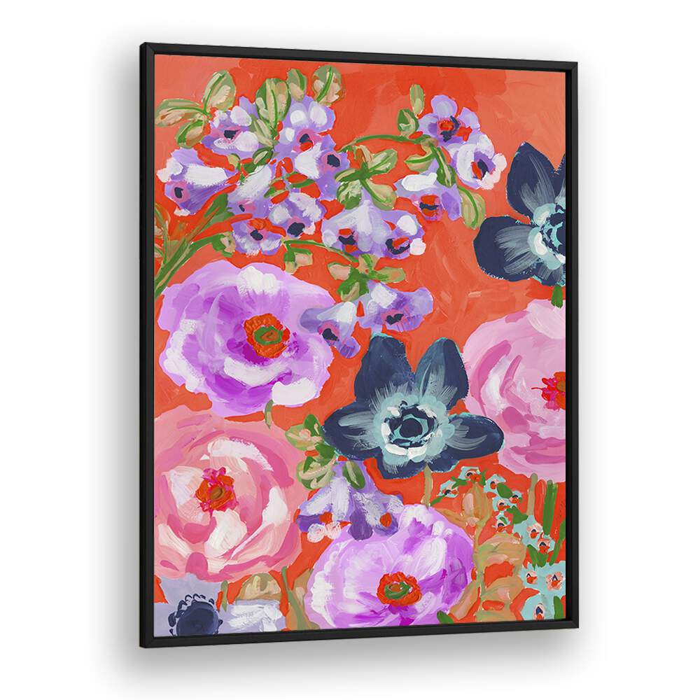 Blue Anemons On Red  By Ania Zwara Botanical Flower Paintings Artwork  in Black Plain Frame