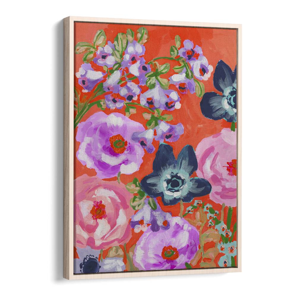 Blue Anemons On Red  By Ania Zwara Botanical Flower Paintings Artwork in Oak Wood Floater Frame