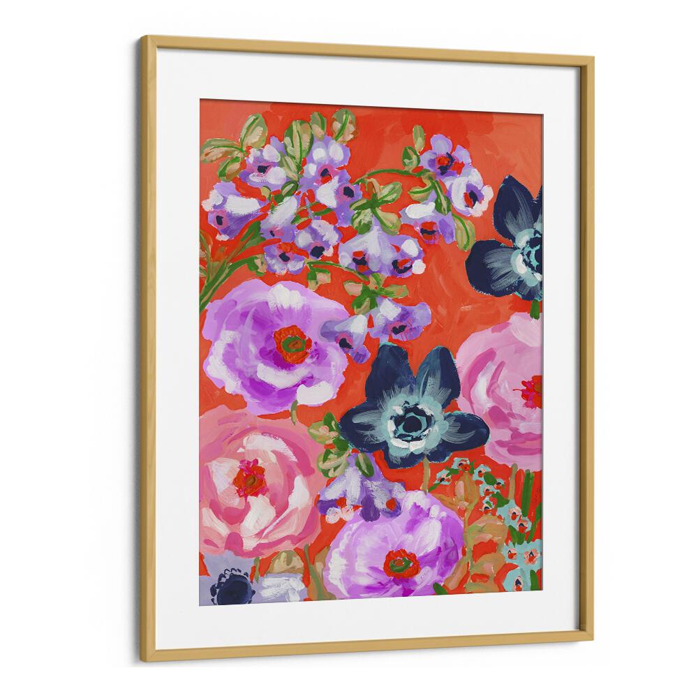 Blue Anemons On Red  By Ania Zwara Botanical Flower Paintings Artwork in Oak Wood Frame With Mount