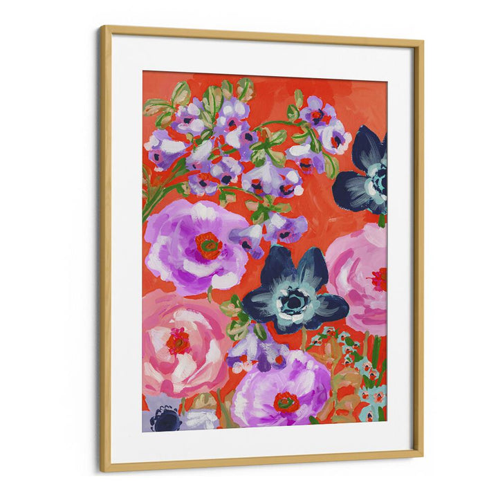 Blue Anemons On Red  By Ania Zwara Botanical Flower Paintings Artwork in Oak Wood Frame With Mount