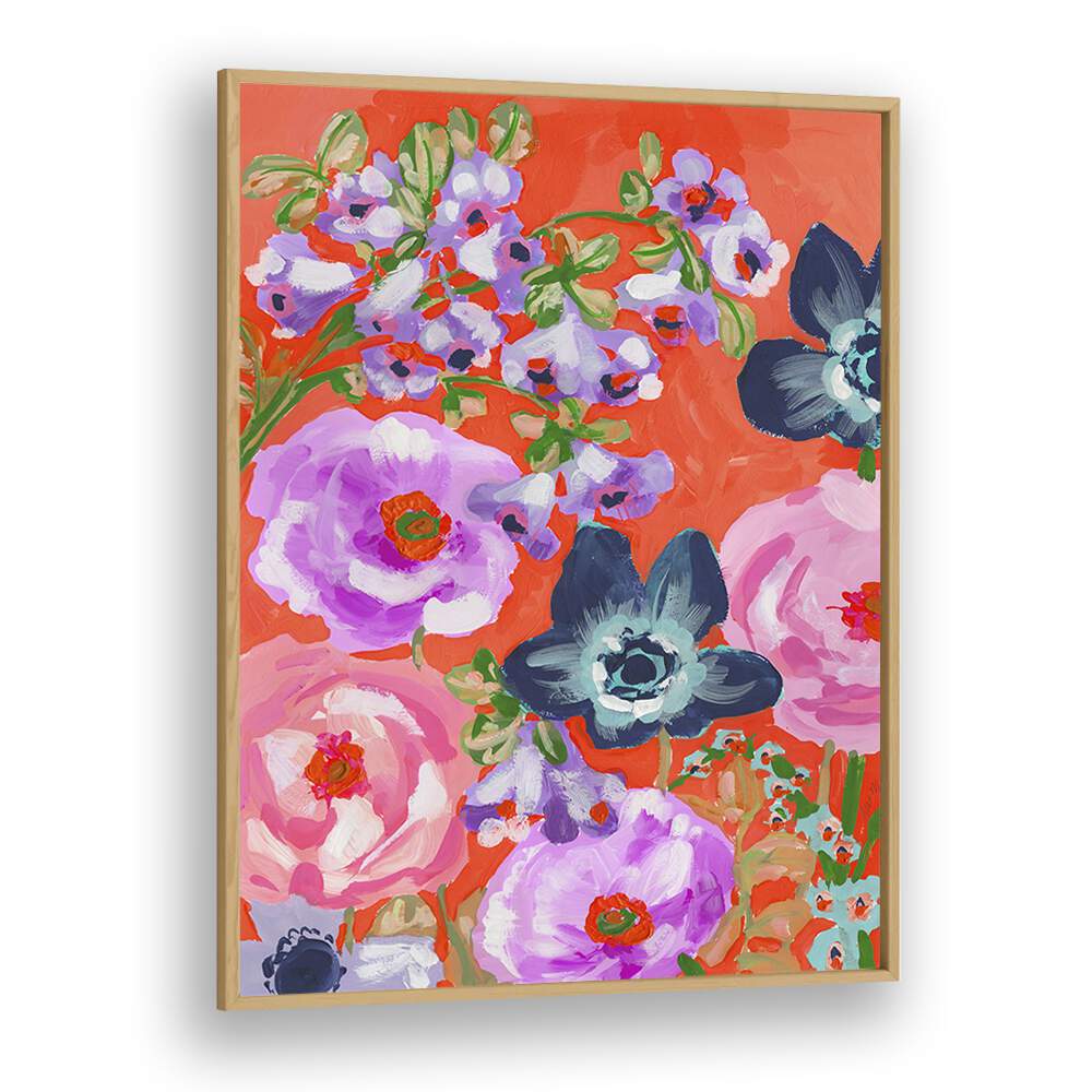 Blue Anemons On Red  By Ania Zwara Botanical Flower Paintings Artwork in Oak Wood Plain Frame