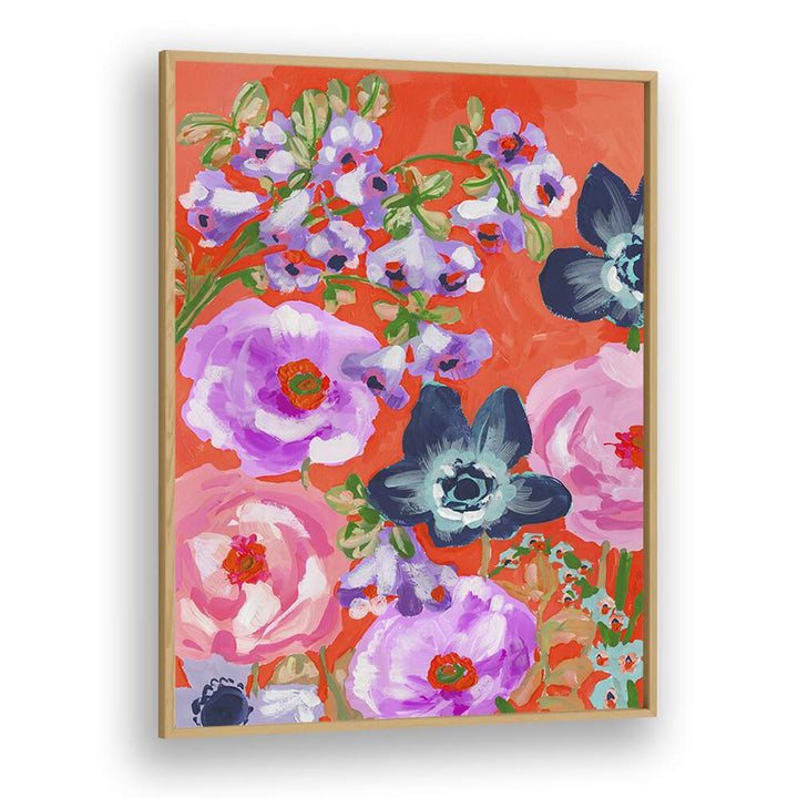 Blue Anemons On Red  By Ania Zwara Botanical Flower Paintings Artwork in Oak Wood Plain Frame