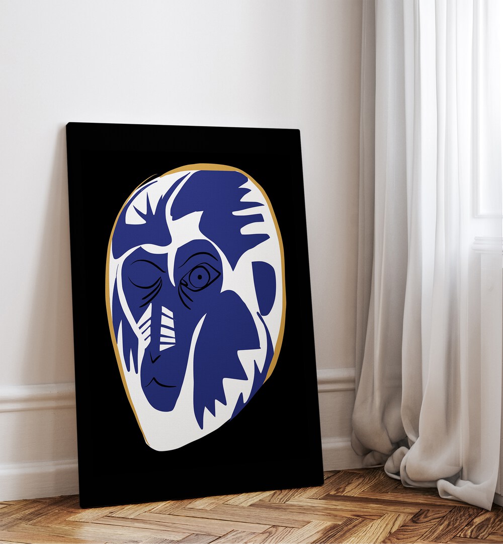 Blue Baboon Abstract Art Painting Artwork in gallery wrap on a wooden floor beside a window