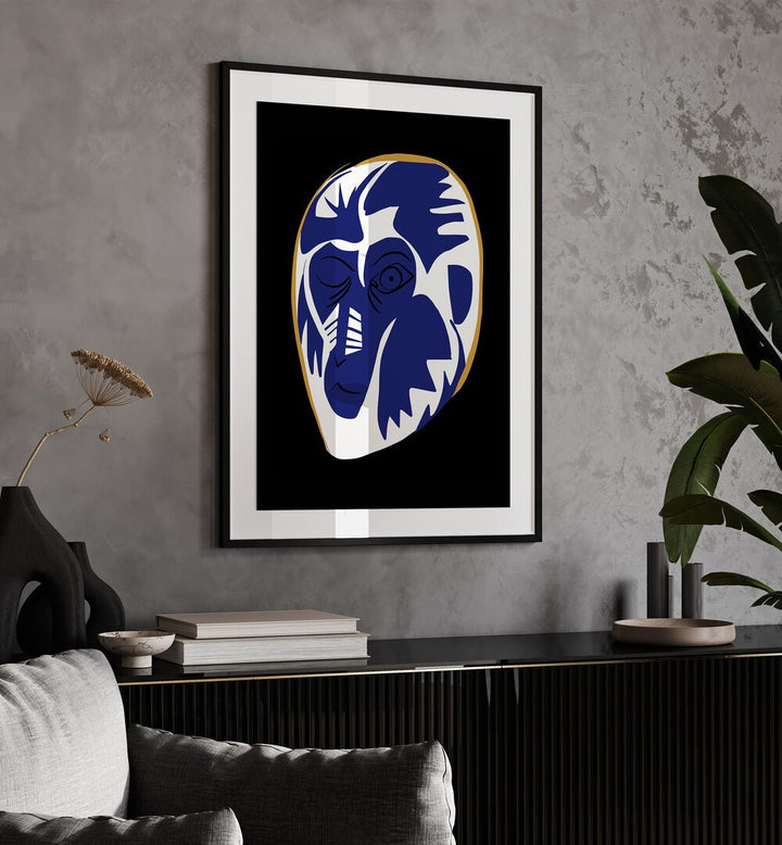 Blue Baboon Abstract Art Painting Artwork in black frame with mount above a black console table on a grey wall