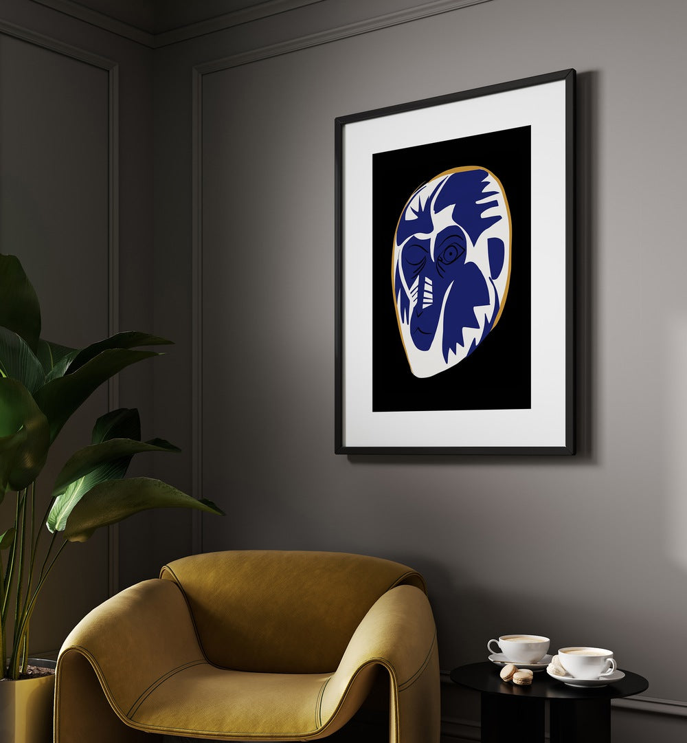 Blue Baboon Abstract Art Painting Artwork in black frame with mount  behind a yellow sofa